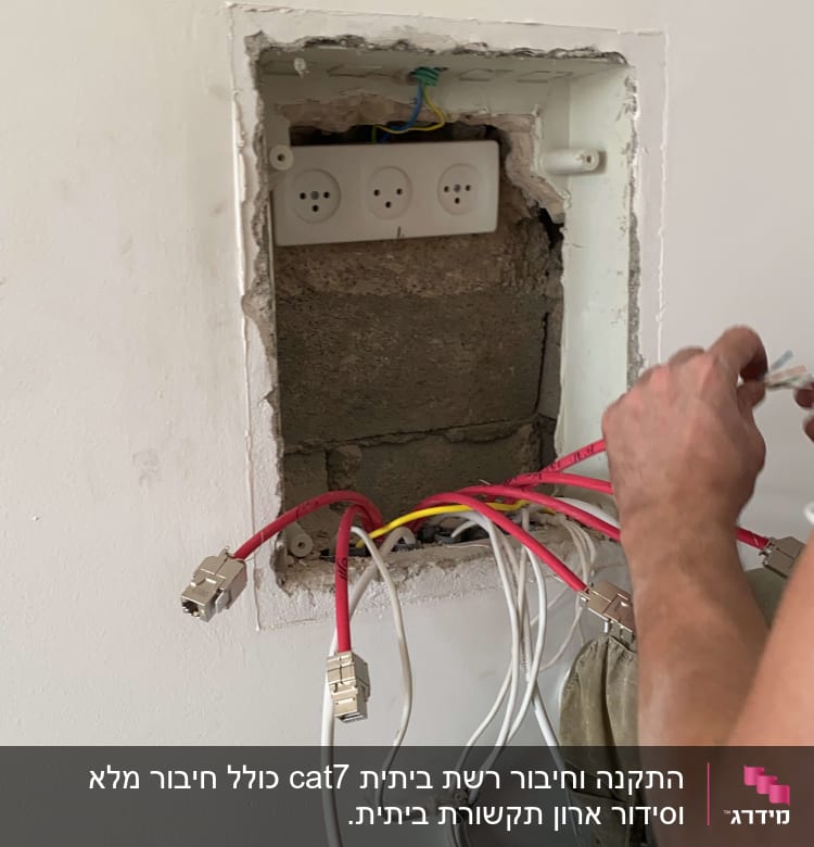 טכנאי רשת מחבר כבלים בארון חשמל פתוח